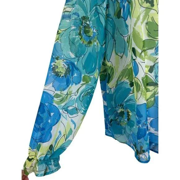 Susan Graver Floral Chiffon Long-Sleeve Ruffle Details Tie Neck Blouse Size XL - Picture 5 of 11